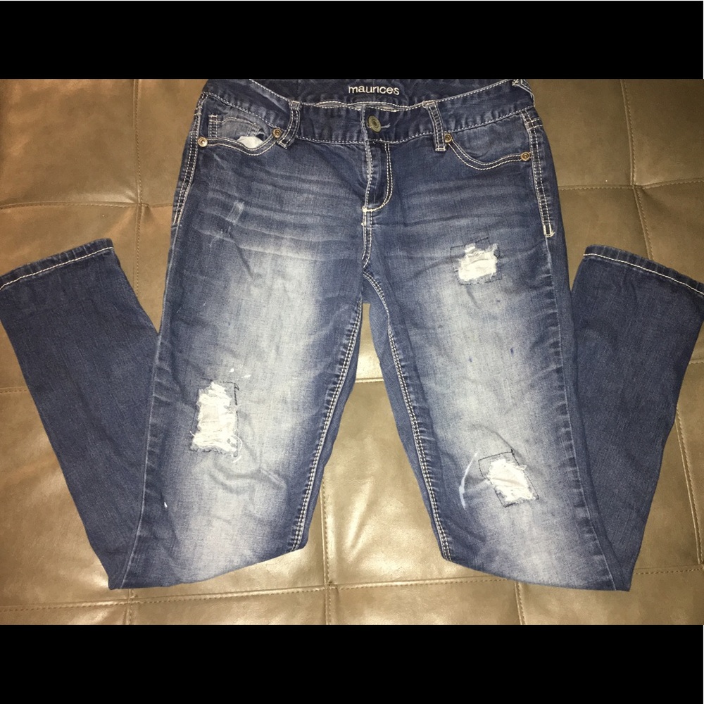 Distressed Blue Straight Leg Jeans.